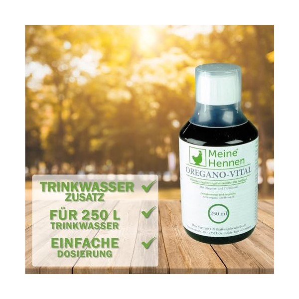 MeineHennen Oregano-Vital 250 ML, Huile dorigan et vitamines B Aliment complémentaire pour Poulets, Pigeons et cailles. pour