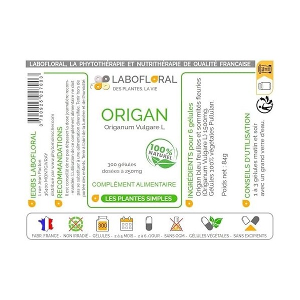 Origan Labofloral 300 gélules dosées à 250 mg - Complément alimentaire - digestion, respiration - Fabriqué en France