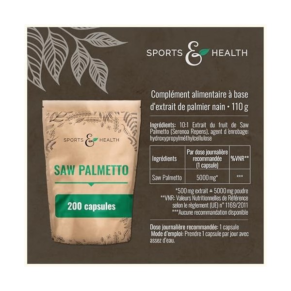 200 gélules de Saw Palmetto à haute dose – gélules d’extrait de palmier nain 10:1 – complément végétal pur, palmier nain – co
