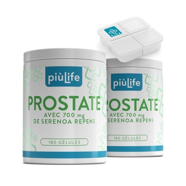 Saw Palmetto Prostate et Confort Urinaire – Palmier Nain Gélules 700mg par dose PiùLife, 2/Jour, Avec Pygeum Africanum et Myr...