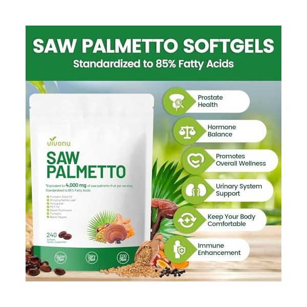 VivoNu Saw Palmetto - 4000 mg, huile de pépins de citrouille - soutient la santé de la Prostate, soulage les problèmes de mic...