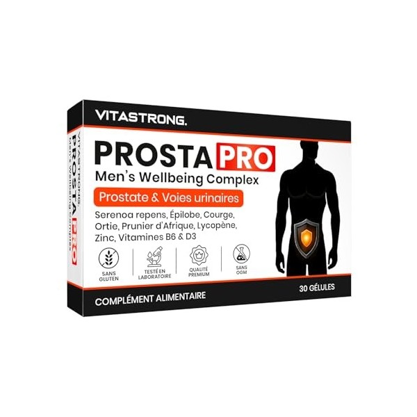 ProstaPro Vitastrong, Complément Alimentaire Prostate et Protection Urinaire Homme avec Serenoa Repens 45%, Courge, Ortie, Ép