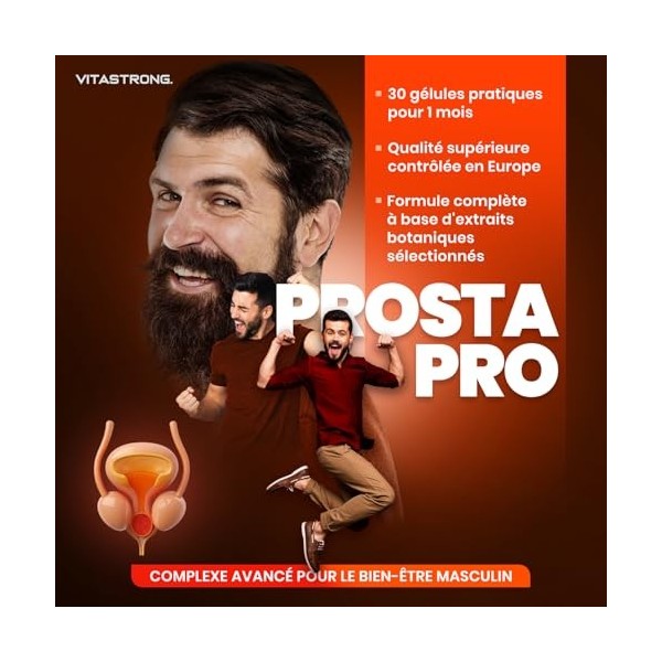 ProstaPro Vitastrong, Complément Alimentaire Prostate et Protection Urinaire Homme avec Serenoa Repens 45%, Courge, Ortie, Ép