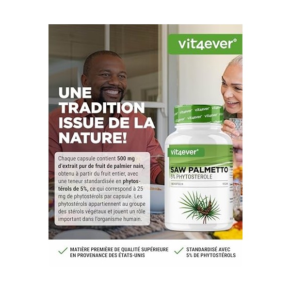 Extrait de palmier nain - 180 capsules de 500 mg dextrait - Premium : 5% phytostérols - 25 mg - Extrait de palmier nain haut