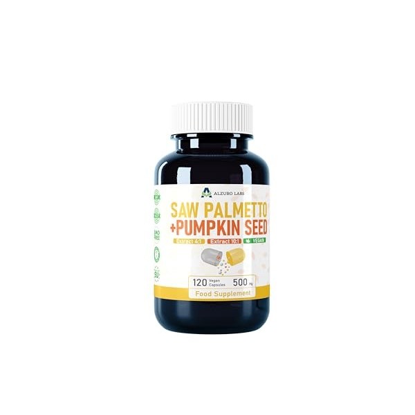 Alzuro Labs Saw Palmetto Palmier Nain & Graines de Citrouille | 500 mg extrait 4:1 et 10:1 | 120 vég capsules | soutien d