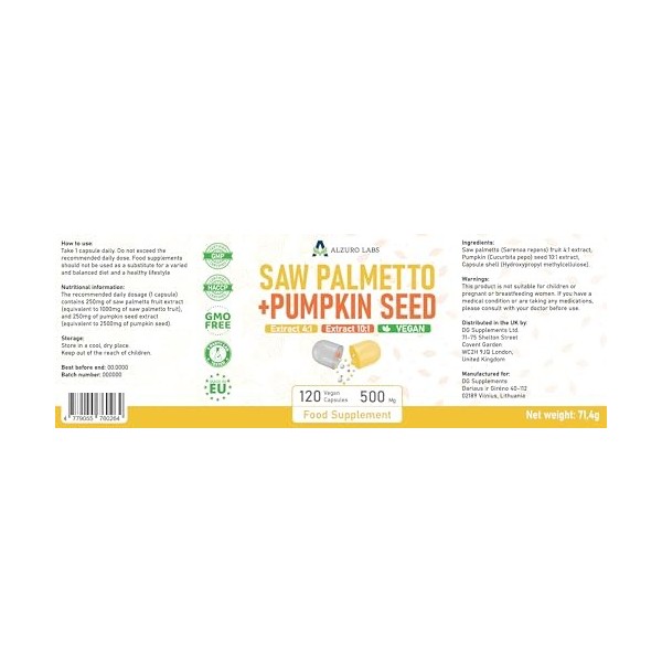 Alzuro Labs Saw Palmetto Palmier Nain & Graines de Citrouille | 500 mg extrait 4:1 et 10:1 | 120 vég capsules | soutien d