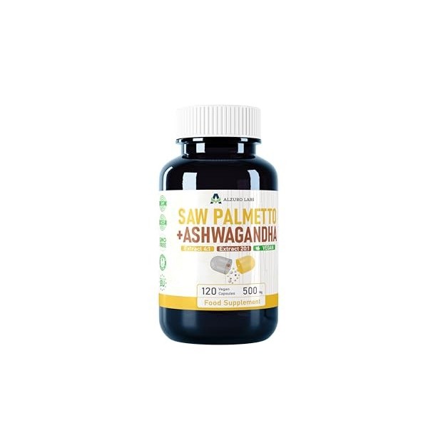 Alzuro Labs Saw Palmetto Palmier Nain & Ashwagandha | 500 mg extrait 4:1 et 20:1 | 120 vég capsules | soutien de la prost