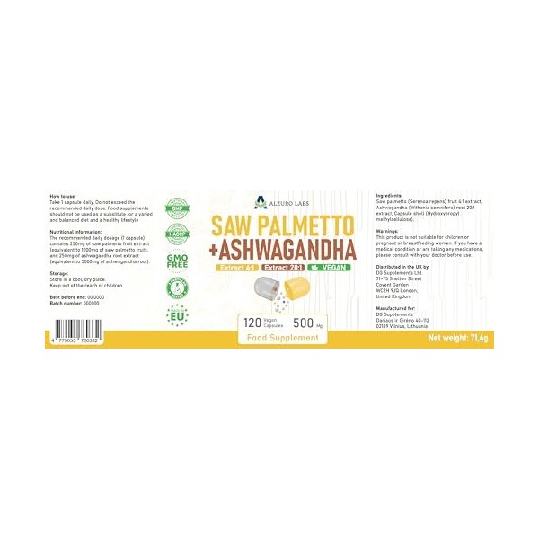 Alzuro Labs Saw Palmetto Palmier Nain & Ashwagandha | 500 mg extrait 4:1 et 20:1 | 120 vég capsules | soutien de la prost