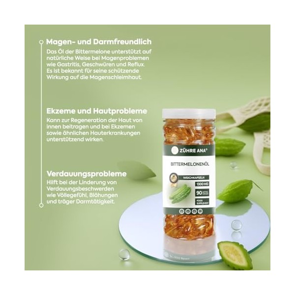 Zühre Ana Lot de 90 capsules dhuile de melon amer 1300 mg - Naturelle et pure - Facile à avaler Palmier scie