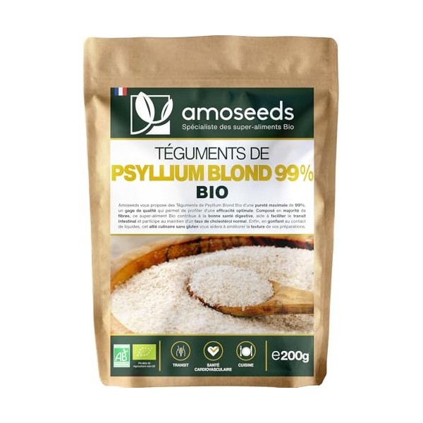 Psyllium Blond Bio | Téguments Purs 99% | 88% de Fibres, Transit, Sans gluten | Qualité Supérieure… Psyllium 200G Psyllium