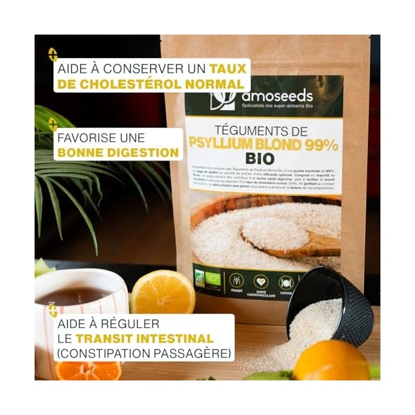Psyllium Blond Bio | Téguments Purs 99% | 88% de Fibres, Transit, Sans gluten | Qualité Supérieure… Psyllium 200G Psyllium
