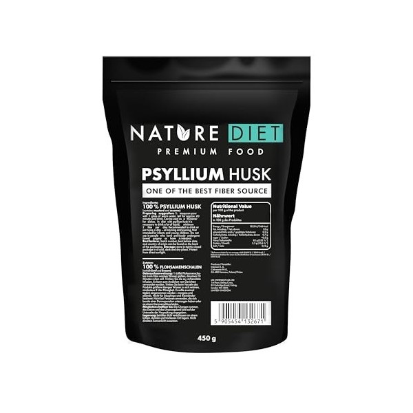 Nature Diet Téguments de Psyllium Blond | 450 g | Riche en Fibres | Vegan, Sans Gluten & Sans Lactose | Pour Régime Keto & Lo...