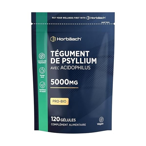 Psyllium Blond Gelules 5000mg avec ProBio Acidophilus | 120 Gelules Végétaliennes | Psyllium Husk Fibre | Horbaach