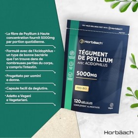 Psyllium Blond Gelules 5000mg avec ProBio Acidophilus | 120 Gelules Végétaliennes | Psyllium Husk Fibre | Horbaach