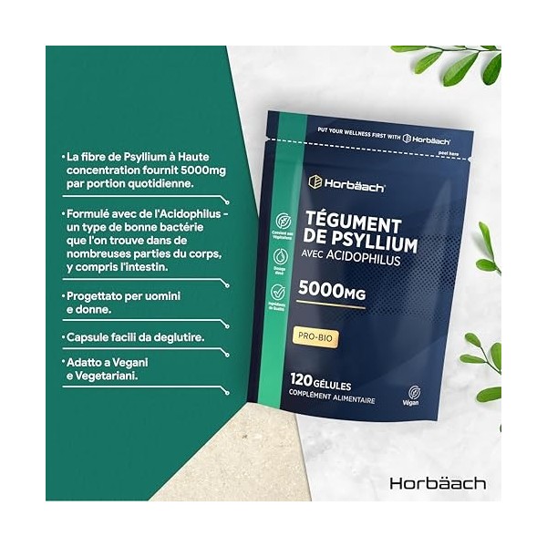Psyllium Blond Gelules 5000mg avec ProBio Acidophilus | 120 Gelules Végétaliennes | Psyllium Husk Fibre | Horbaach