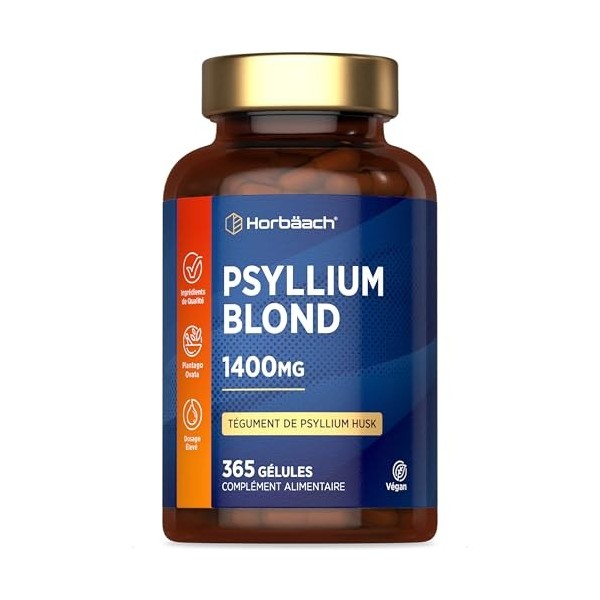 Psyllium Blond Gelules 1400 mg | 365 Psyllium Gelules Vegan | 6 Mois | Haute Dosage | Prébiotique naturel | Horbaach