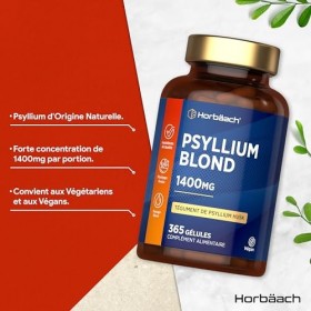 Psyllium Blond Gelules 1400 mg | 365 Psyllium Gelules Vegan | 6 Mois | Haute Dosage | Prébiotique naturel | Horbaach