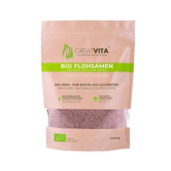 Graines de psyllium bio 1000 g | 99 % pures et naturellement sans gluten | Source de fibres de qualité supérieure de qualité 