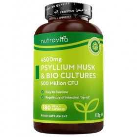Nutravita Psyllium Blond 4500mg Vegan avec 500 Million de CFU - 180 Psyllium Gelules pour 3 Mois - Complement Alimentaire Tra