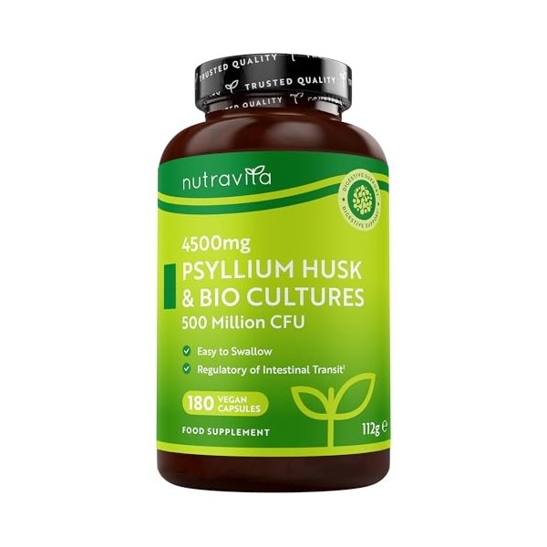 Nutravita Psyllium Blond 4500mg Vegan avec 500 Million de CFU - 180 Psyllium Gelules pour 3 Mois - Complement Alimentaire Tra