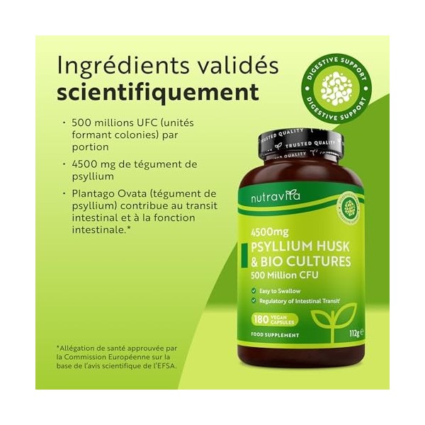 Nutravita Psyllium Blond 4500mg Vegan avec 500 Million de CFU - 180 Psyllium Gelules pour 3 Mois - Complement Alimentaire Tra