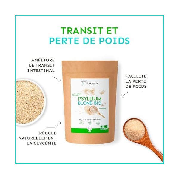 PSYLLIUM Blond BIO | Téguments Husk Purs à 99% | Fibres Douces Naturelles pour Digestion et Transit | Riche en Mucilages pour