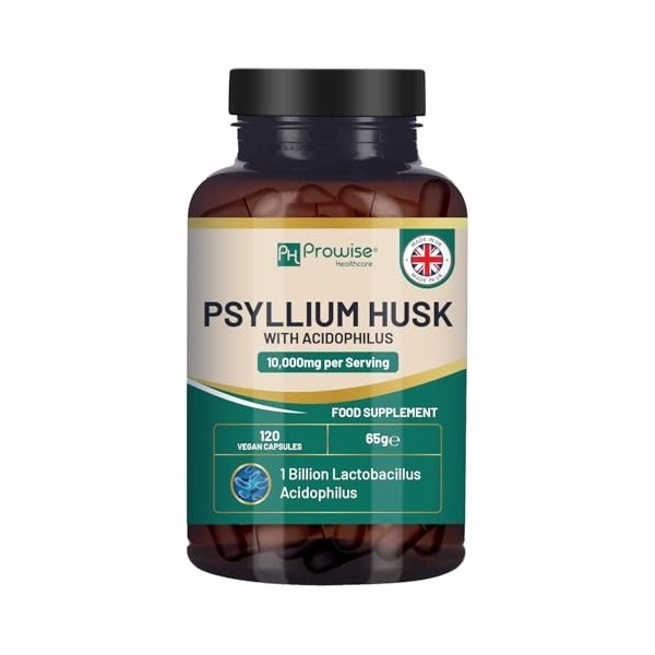 Psyllium 10 000 mg avec 1 milliard d’UFC d’acidophilus, 120 gélules végétaliennes | Complément alimentaire de fibres solubl