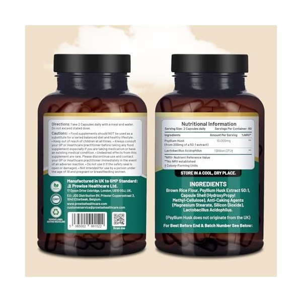 Psyllium 10 000 mg avec 1 milliard d’UFC d’acidophilus, 120 gélules végétaliennes | Complément alimentaire de fibres solubl