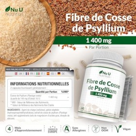 Psyllium Blonde 1400mg par Portion - 240 Gélules Véganes - Fibre Prébiotique Soluble Naturelle Provenant des Graines de Cosse