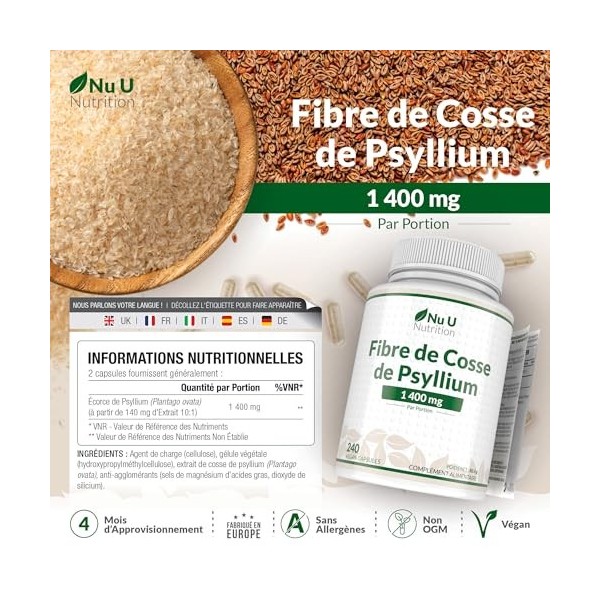 Psyllium Blonde 1400mg par Portion - 240 Gélules Véganes - Fibre Prébiotique Soluble Naturelle Provenant des Graines de Cosse
