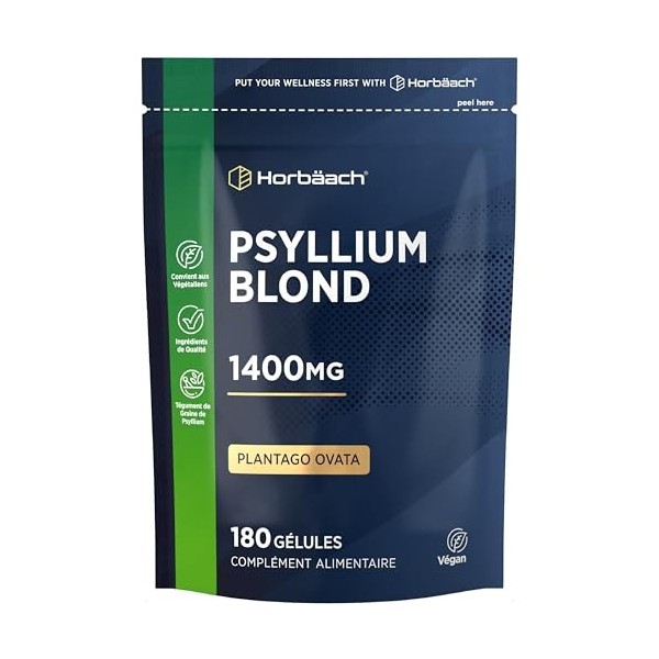 Psyllium Blond Gelules 1400 mg | 180 Gelules Vegan | Fibre de Husk Haute Dosage | Prébiotique naturel | Horbaach