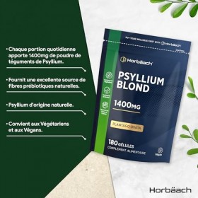 Psyllium Blond Gelules 1400 mg | 180 Gelules Vegan | Fibre de Husk Haute Dosage | Prébiotique naturel | Horbaach