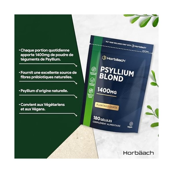 Psyllium Blond Gelules 1400 mg | 180 Gelules Vegan | Fibre de Husk Haute Dosage | Prébiotique naturel | Horbaach