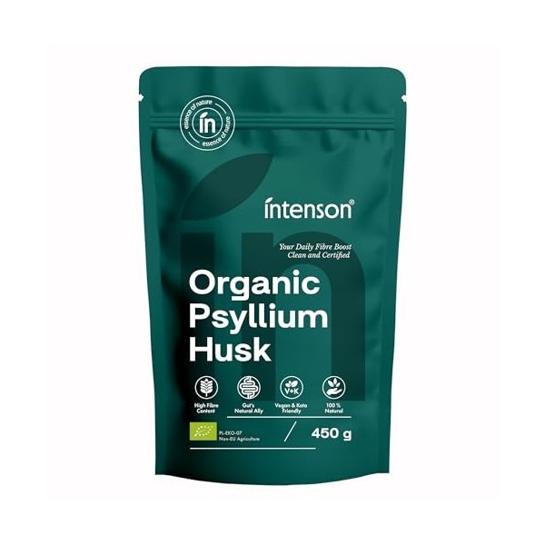 Intenson Tégument de Psyllium Bio, 450 g, Certifié Bio UE, Riche en Fibres, 100% Naturel, Végan, Compatible Keto, Sans Gluten