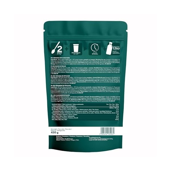Intenson Tégument de Psyllium Bio, 450 g, Certifié Bio UE, Riche en Fibres, 100% Naturel, Végan, Compatible Keto, Sans Gluten