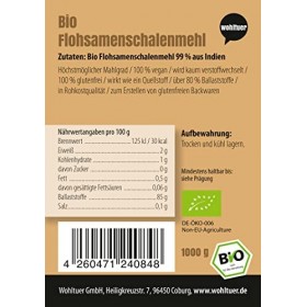 Wohltuer Farine de psyllium bio | Cosses de psyllium finement moulues 99 % de pureté 1000 g | Contrôle régulier en laborato