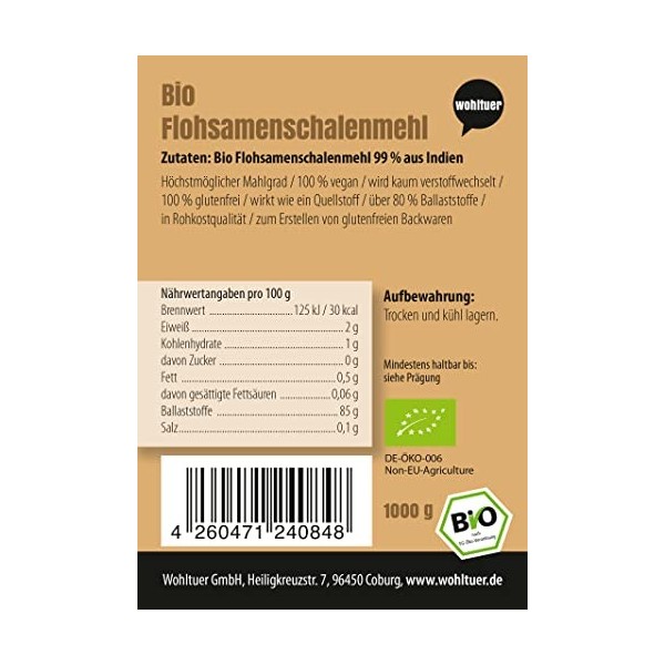 Wohltuer Farine de psyllium bio | Cosses de psyllium finement moulues 99 % de pureté 1000 g | Contrôle régulier en laborato