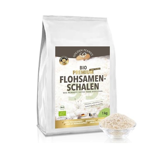 GOLDEN PEANUT Flohsamenschalen BIO 1 kg – 99 % Reinheit, indische Premiumqualität, ballaststoffreich, glutenfrei