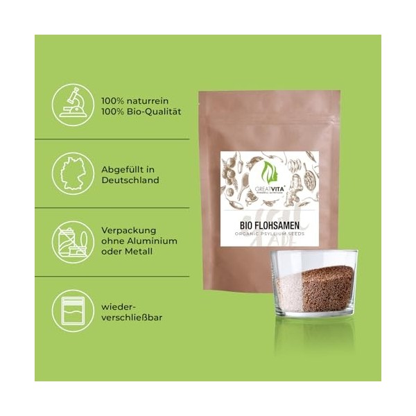 GreatVita - Graines de psyllium bio - 2 x 1000 g - 99 % de graines de psyllium entières pures - Qualité biologique certifiée ...
