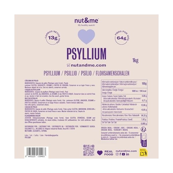 Psyllium husk 2 kg nut&me | Keto | Sans additifs | Riche en protéines| Sans OGM | Vegan | Pack 2 x 1 kg Psyllium