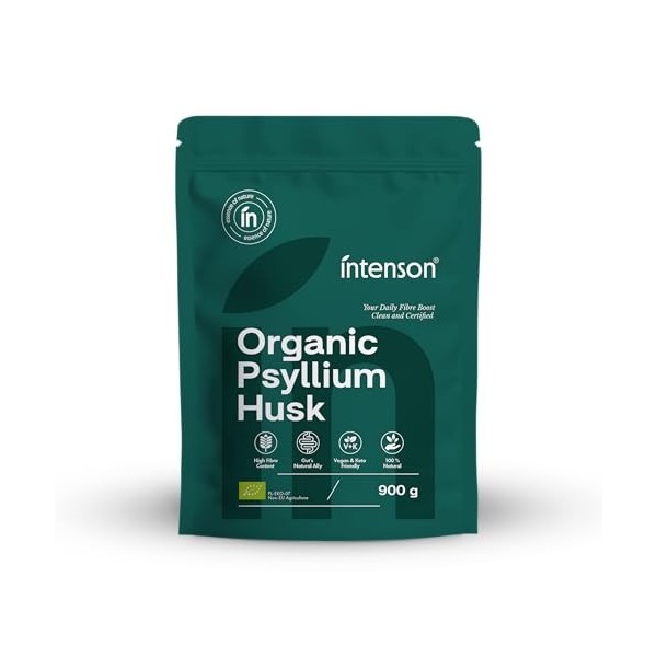Intenson Tégument de Psyllium Bio, 900 g, Certifié Bio UE, Riche en Fibres, 100% Naturel, Végan, Compatible Keto, Sans Gluten