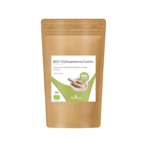 VitaCare Coquilles de psyllium - 500 g de graines de psyllium de qualité supérieure avec 99 % de pureté - Riche en fibres - V