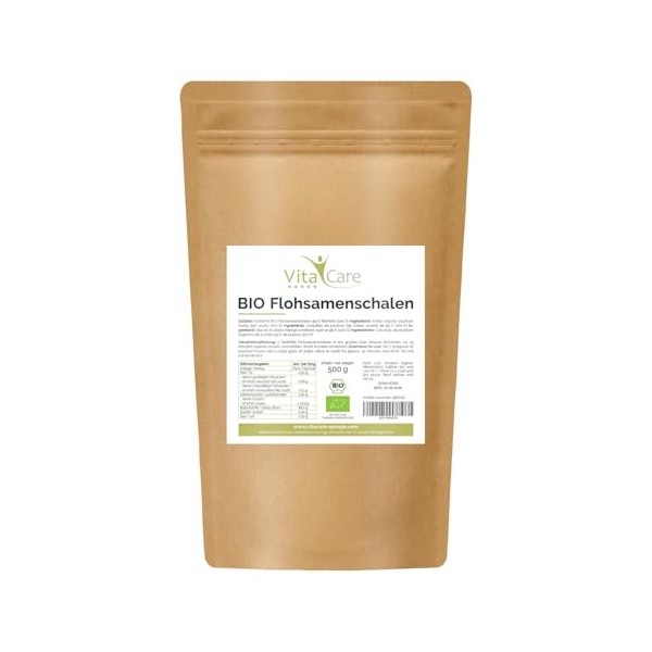 VitaCare Coquilles de psyllium - 500 g de graines de psyllium de qualité supérieure avec 99 % de pureté - Riche en fibres - V