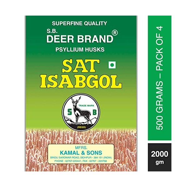 S.B. DEER BRAND Sat Isabgol Lot de 4 enveloppes de psyllium pur 500 g