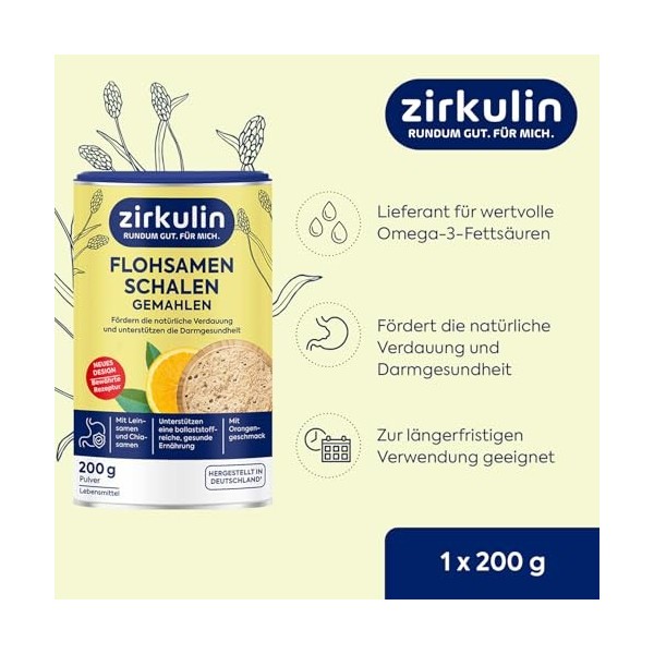 Zirkulin Boîte de 1200 g de graines de psyllium moulues - Saveur orange - Favorise une alimentation saine et riche en fibres 