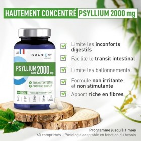 PSYLLIUM 2000 mg - Granions - PSYLLIUM BLOND 2000mg - Transit - Confort Digestif - Constipation - Ballonnements - 60 gélules