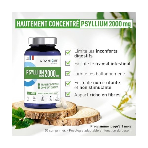 PSYLLIUM 2000 mg - Granions - PSYLLIUM BLOND 2000mg - Transit - Confort Digestif - Constipation - Ballonnements - 60 gélules