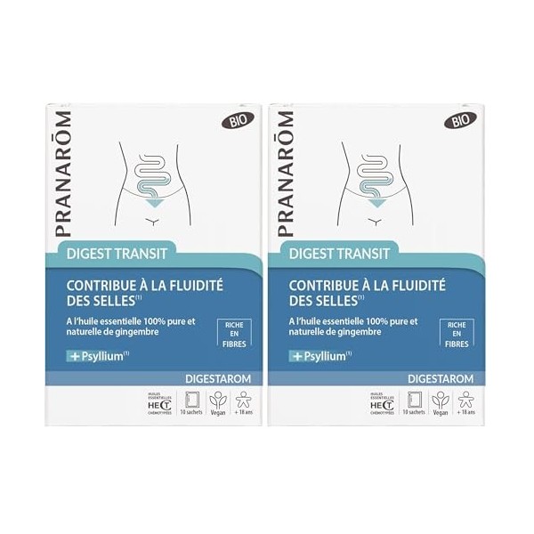 PRANARÔM - Digestarom - Digest Transit - Fluidité Des Selles - Huile Essentielle De Gingembre BIO et Psyllium - Vegan Lot de