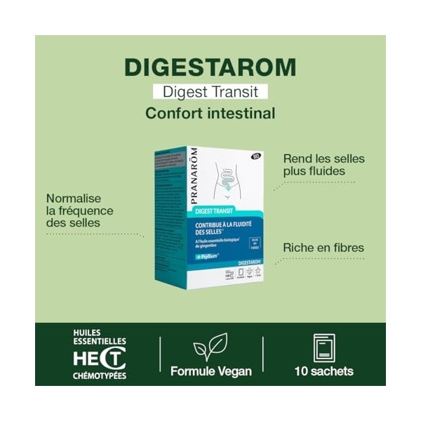 PRANARÔM - Digestarom - Digest Transit - Fluidité Des Selles - Huile Essentielle De Gingembre BIO et Psyllium - Vegan Lot de