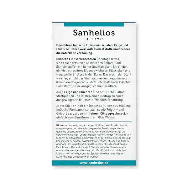 Sanhelios Psyllium indien - 15 bâtonnets pratiques à mélanger dans leau - Avec figue et chicorée - Fibres pour la digestion 